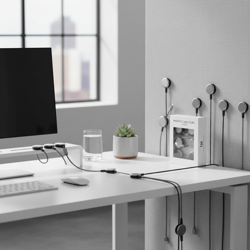 Magnetic cable clips organizing charging cables on a modern desk