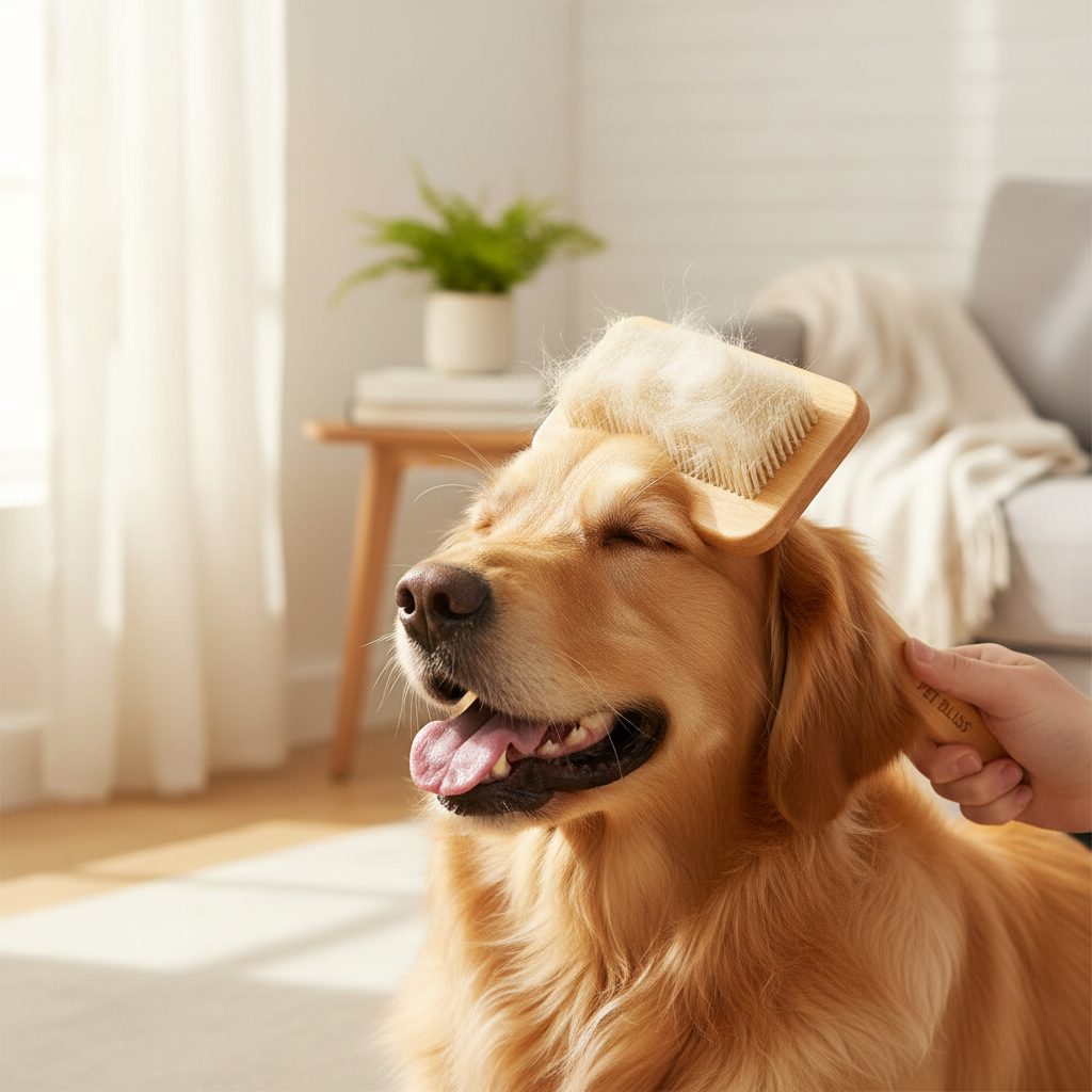 Soft bristle pet grooming brush removing fur from a happy dog in a home setting
