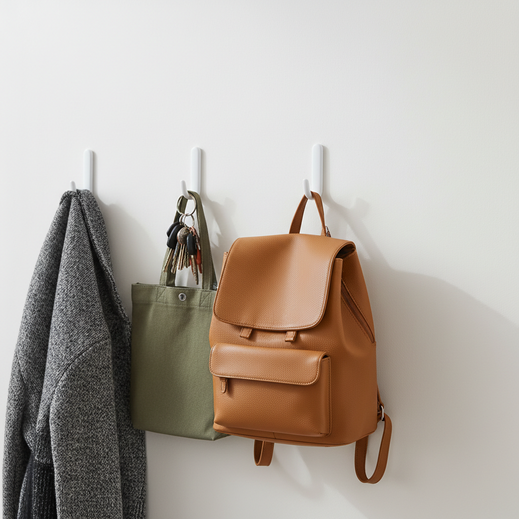 Self-adhesive wall hooks mounted on a wall holding keys, bags, and coats
