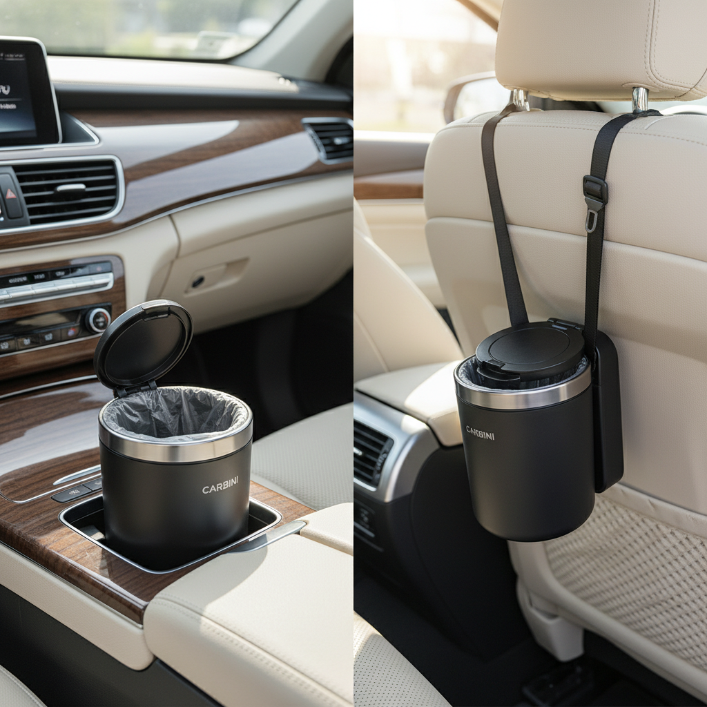 Small compact mini trash can for car, placed in cup holder in a clean car interior