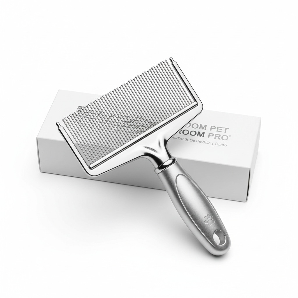 Fine-tooth metal grooming comb for cats and dogs on a clean white background